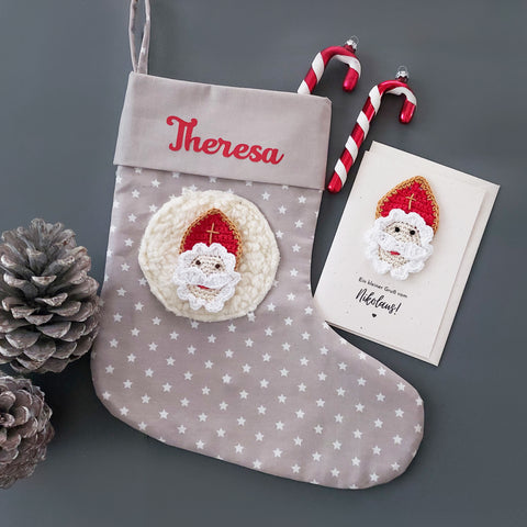 Perfekte Nikolausüberraschung Set - Personalisierter Nikolausstiefel für Kinder mit Grußkarte von Nikolaus, beige mit verschiedenen Motiven