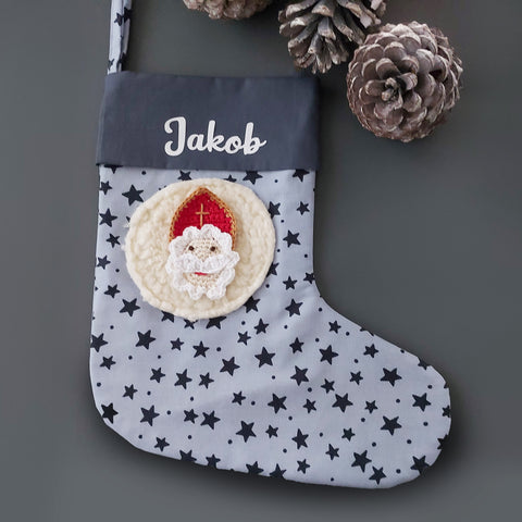 Personalisierter Nikolausstiefel mit Nikolaus-Grußkarte - Nikolausgeschenk &nbsp;für Kinder, Nikolausstrumpf Name grau/blau, verschiedene Motive