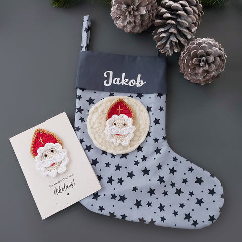 Personalisierter Nikolausstiefel mit Nikolaus-Grußkarte - Nikolausgeschenk &nbsp;für Kinder, Nikolausstrumpf Name grau/blau, verschiedene Motive