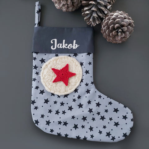 Nikolausstiefel mit Name für Kinder – Personalisierte Nikolausstrümpfe, Weihnachtsstrumpf, Nikolausgeschenke, grau/blau